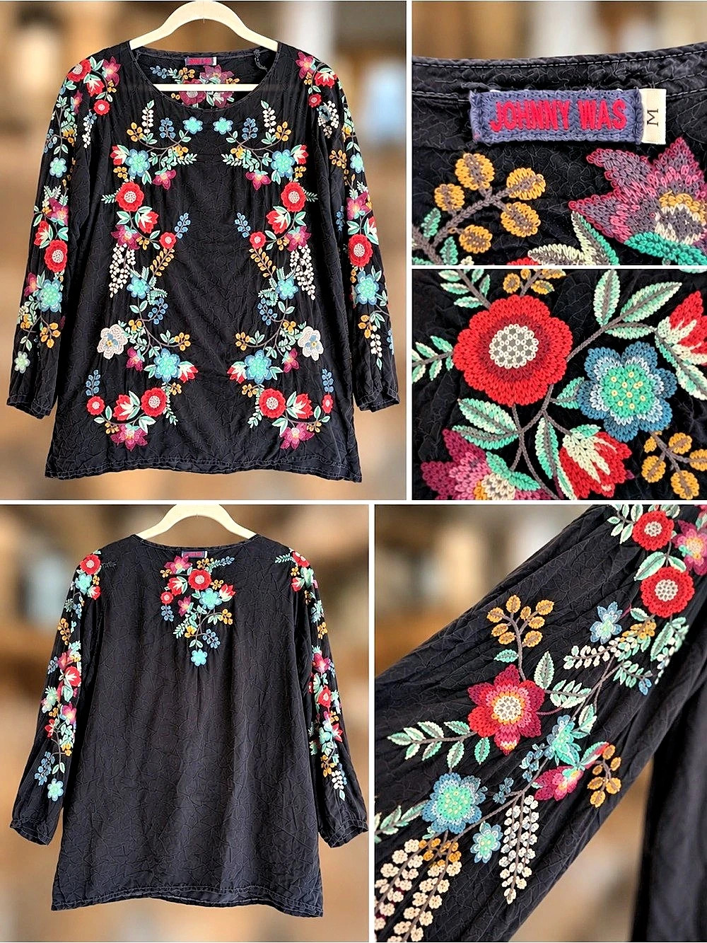 Johnny Was Black Multicolor Floral Embroidered Tunic Top Size M Boho